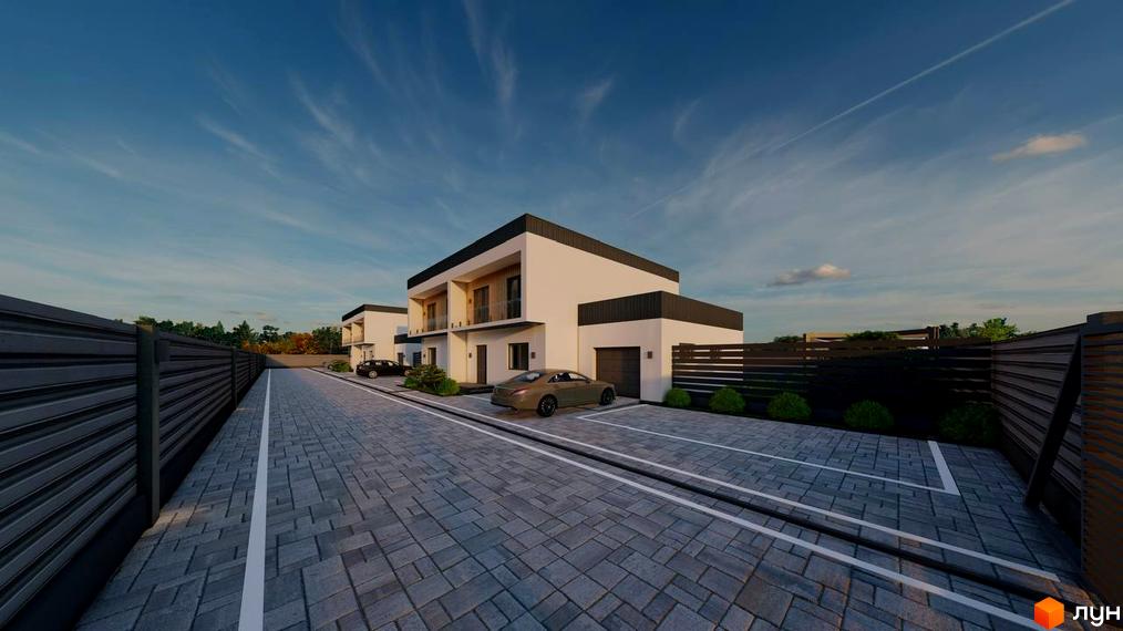 Зображення житлового комплексу Twins House. Білі будинки з темним дахом та паркомісцями на брукованій території, огороджені парканом.