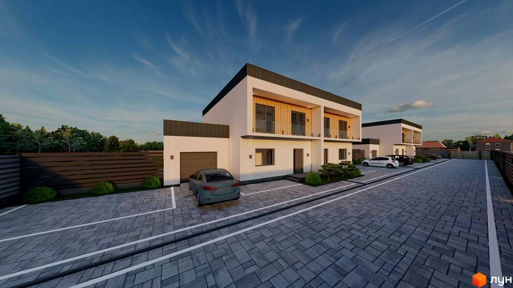 Двоповерховий будинок з білими стінами та дерев'яними вставками на фасаді. Перед будинком парковка з бруківкою.