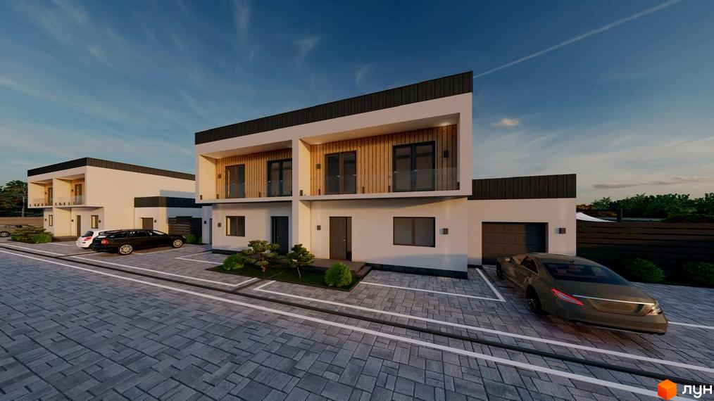 Зображення сторінки житлового комплексу Twins House. Двоповерхові будинки з білими фасадами, дерев'яним оздобленням та парковкою.