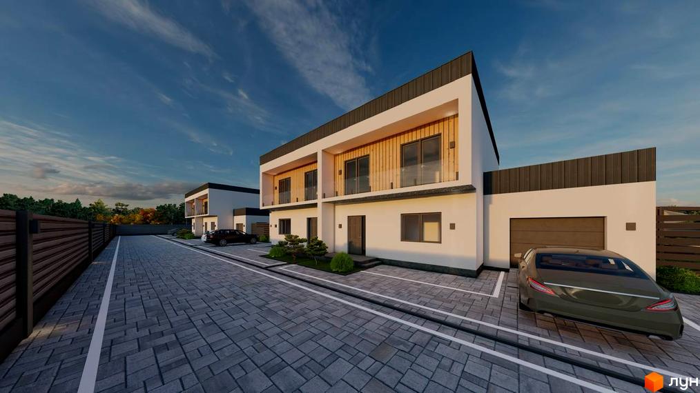 Двоповерхові будинки з білими фасадами, дерев'яними вставками на балконах та гаражами. Територія вимощена бруківкою, є зелені насадження та паркан.