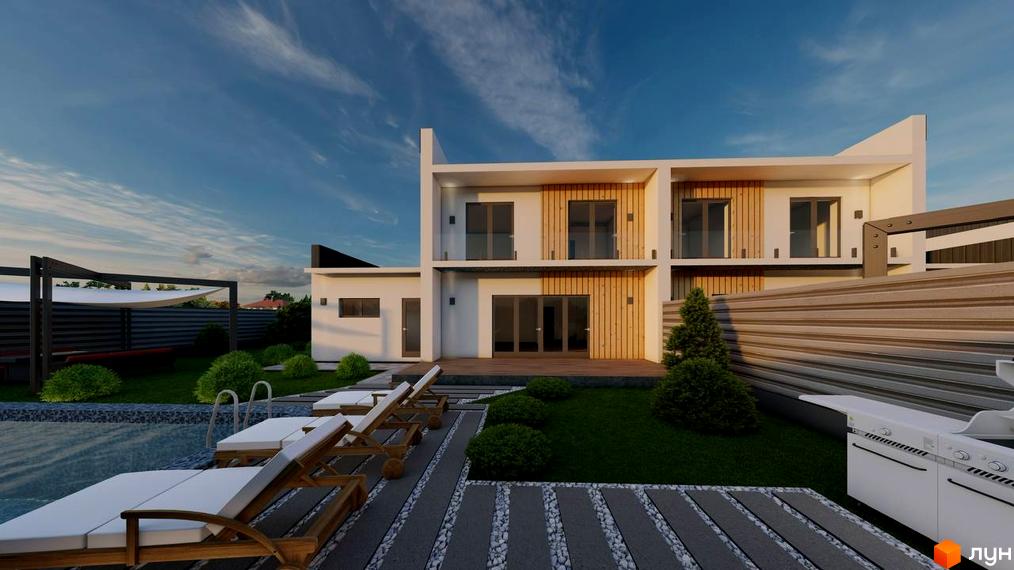 Зображення житлового будинку Twins House з басейном та зоною відпочинку на прибудинковій території. Двоповерховий будинок з панорамними вікнами та дерев'яними панелями.