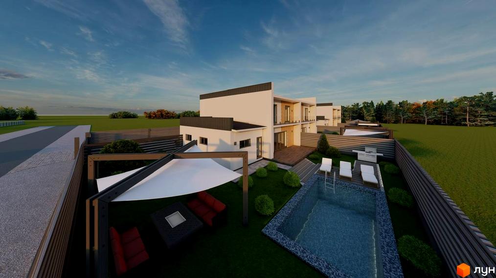 Зображення дуплексів Twins House з басейном та зоною відпочинку на прибудинковій території. Білі будинки з темними дахами, огороджені парканом.