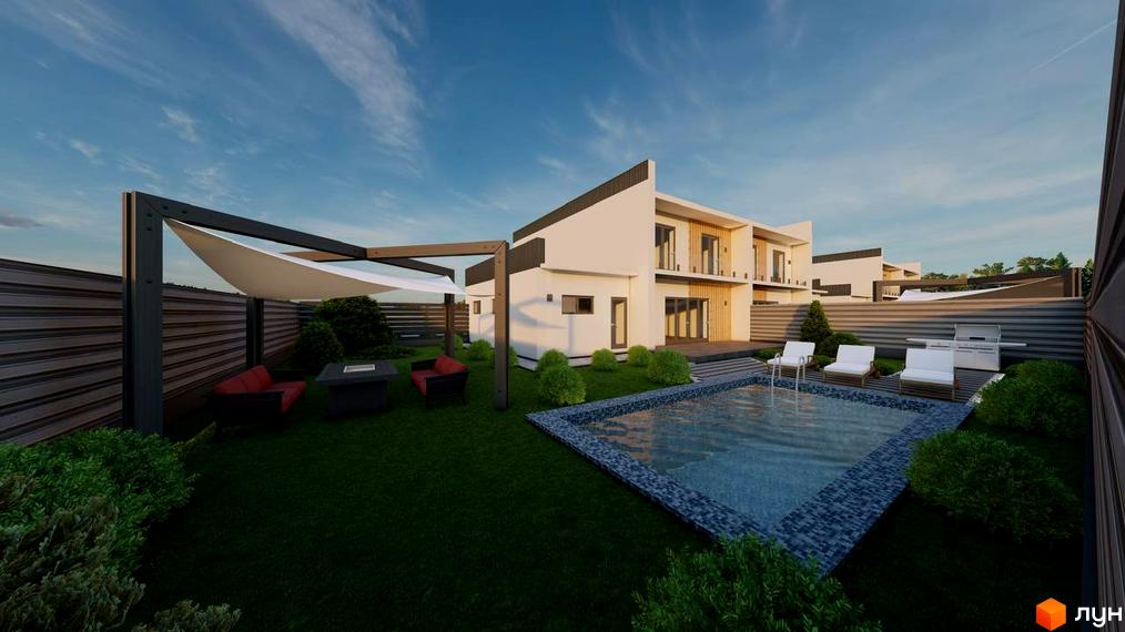 Зовнішній вигляд будинку Twins House з басейном та зоною відпочинку на прибудинковій території. Двоповерховий будинок з білими стінами та деревʼяними елементами.