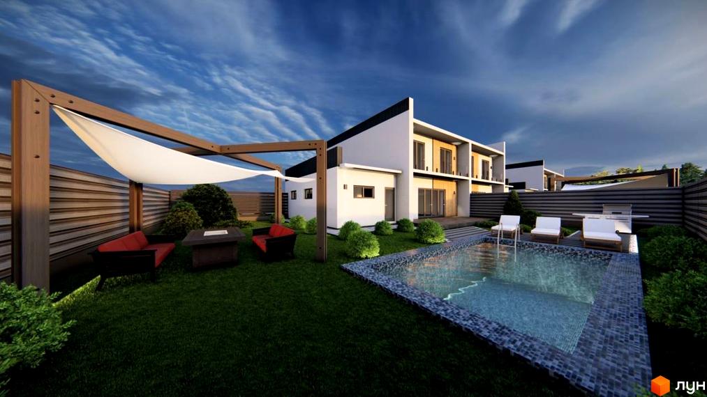 Зображення сторінки житлового комплексу Twins House. Двоповерховий будинок з білими стінами та темним дахом, басейном та зоною відпочинку на прибудинковій території.
