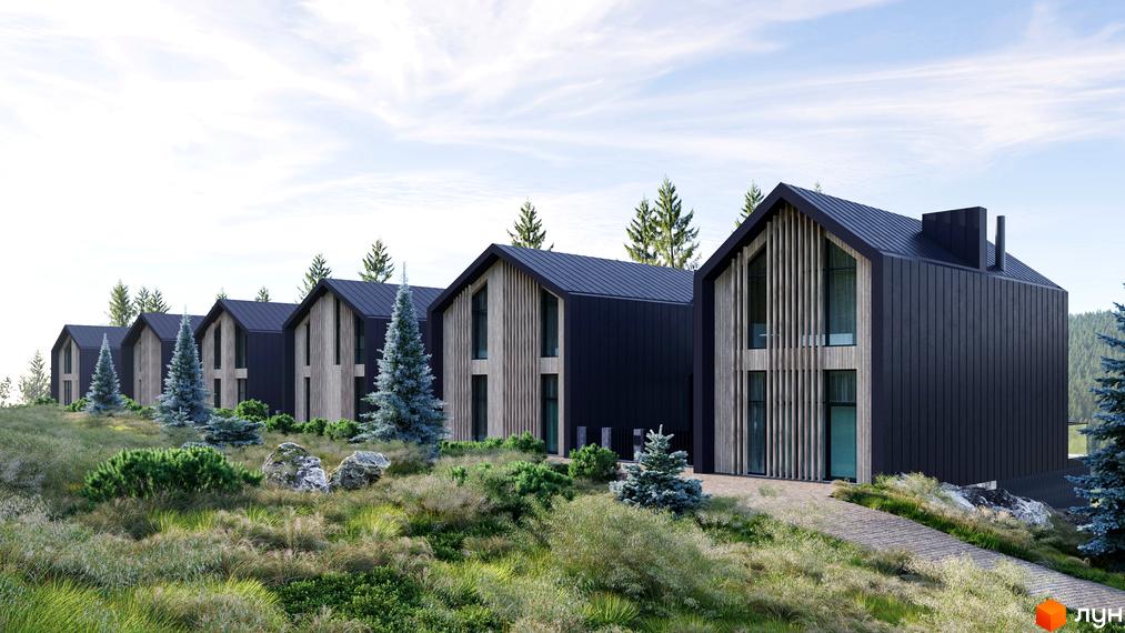 Котеджне містечко Enhance Bukovel з чорними дахами та дерев'яними фасадами, розташоване серед зелені та хвойних дерев.