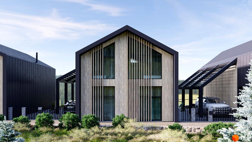 Двоповерховий будинок з дерев'яним фасадом та великими вікнами. На прибудинковій території газон, кущі та декоративні рослини.