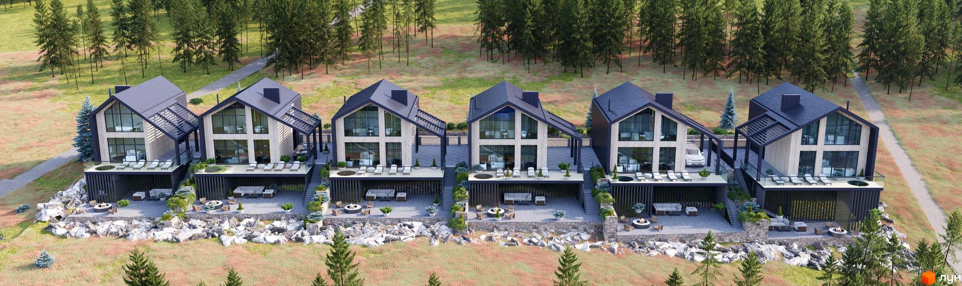 Котеджний комплекс Enhance Bukovel з панорамними вікнами та терасами, розташований серед гірської місцевості, з зоною відпочинку та парковкою.