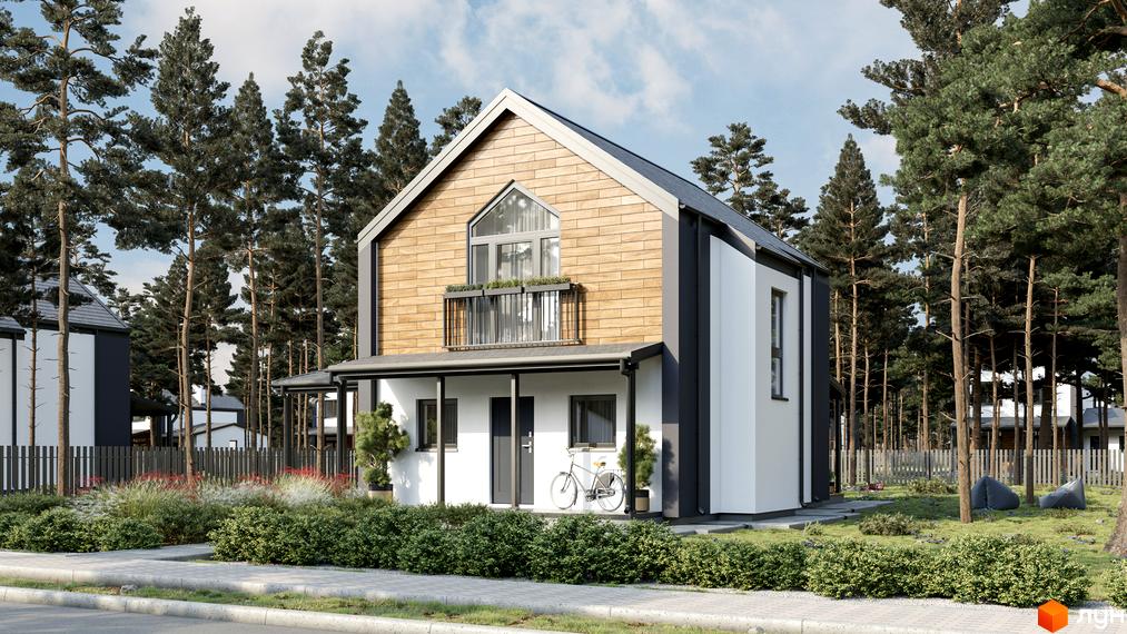 Двоповерховий будинок з дерев'яним оздобленням фасаду та балконом. На території Котеджне містечко Лісове озеро є зелені насадження, газон та велосипед.