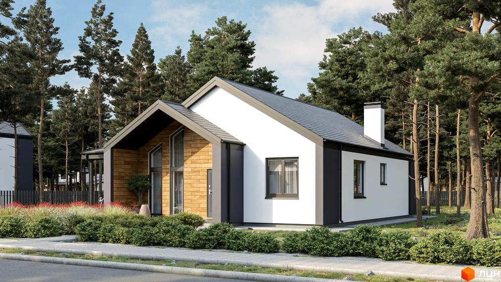 Одноповерховий будинок з білими стінами та темною покрівлею. Перед будинком розташовані зелені кущі та доріжка з бруківки, а навколо високі сосни.