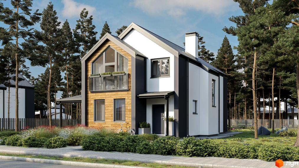 Двоповерховий будинок з білими та темними стінами, дерев'яним оздобленням та балконом. На прибудинковій території зелені насадження, дерева та доріжка.
