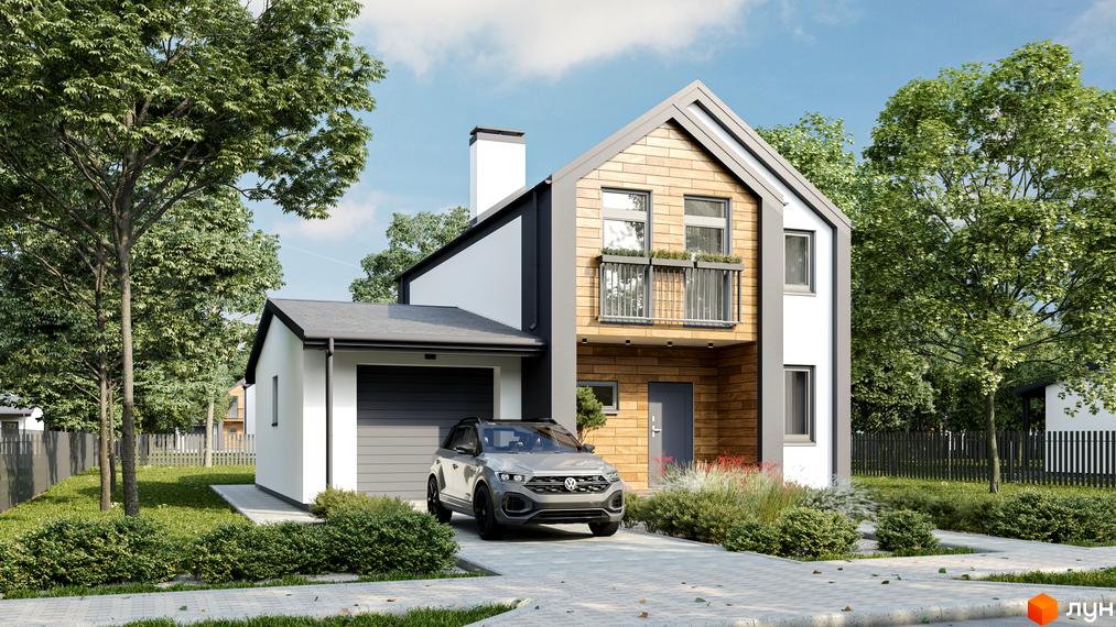 Зображення сторінки житлового комплексу КМ Вишневий хуторок. Двоповерховий будинок з гаражем та балконом. На прибудинковій території дерева та газон.