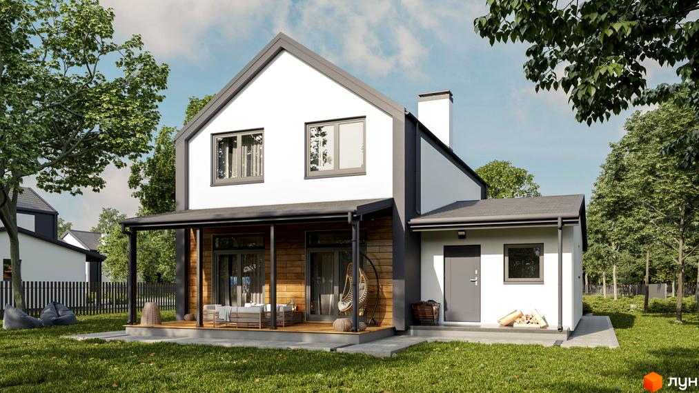 Двоповерховий будинок з білими стінами та сірим дахом. На терасі дерев'яні панелі, меблі для відпочинку та підвісне крісло. Навколо будинку зелена галявина та дерева.