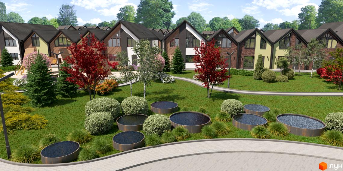 Зображення сторінки житлового комплексу Сітіхауси PRO MISTO. Будинки з темною покрівлею та великими вікнами, доглянута прибудинкова територія з газонами та декоративними ставками.