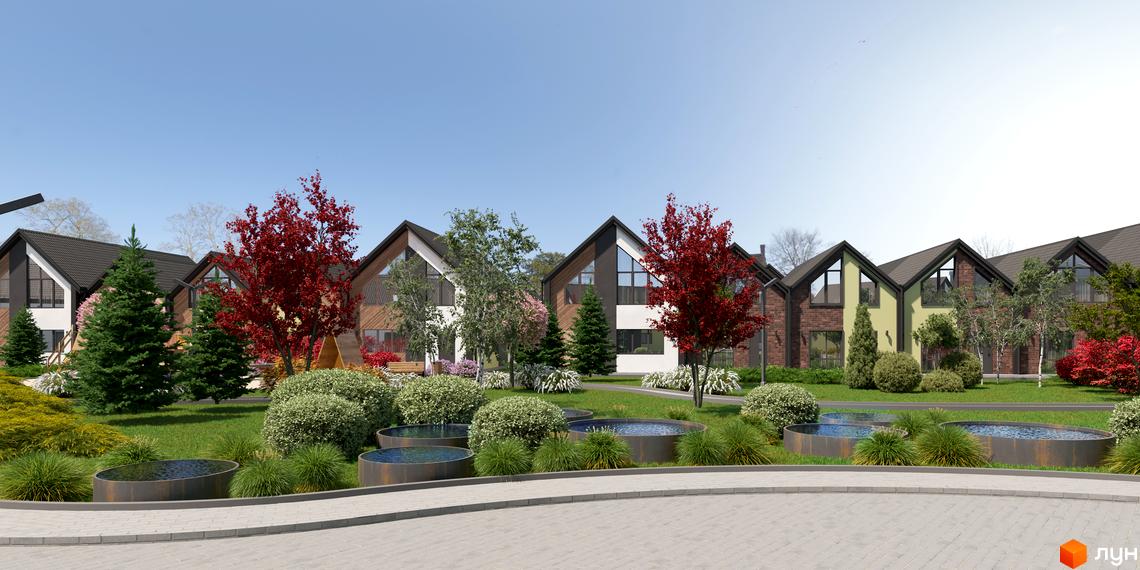 Зображення сторінки житлового комплексу Сітіхауси PRO MISTO. Цегляні будинки з трикутними дахами, великими вікнами та доглянутою прибудинковою територією з газонами та декоративними водоймами.