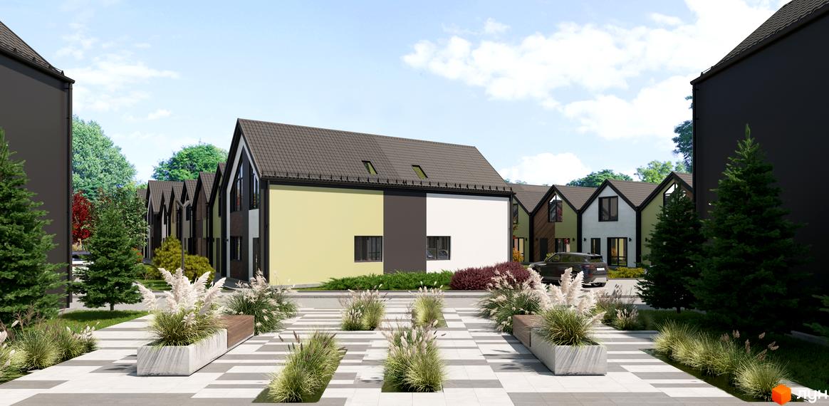 Зображення житлового комплексу Сітіхауси PRO MISTO. Будинки з двосхилими дахами, фасади пофарбовані у різні кольори, перед будинками висаджені рослини та лави.