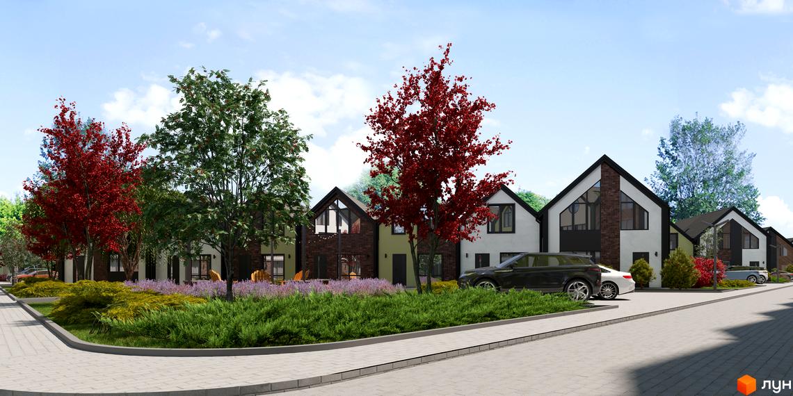 Зображення сторінки житлового комплексу Сітіхауси PRO MISTO. Двоповерхові будинки з великими вікнами, доглянута прибудинкова територія з рослинами та паркуванням.