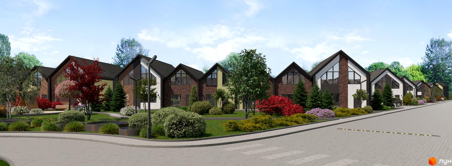 Зображення сторінки житлового комплексу Сітіхауси PRO MISTO. Будинки з темними дахами та світлими фасадами, навколо зелені насадження та доріжки.