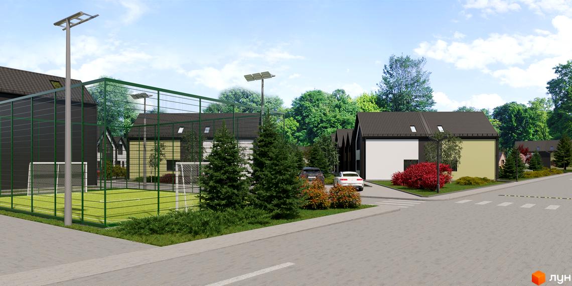 Зображення сторінки житлового комплексу Сітіхауси PRO MISTO. На фото зображено будинки з темною покрівлею та прибудинкова територія з газоном та деревами.