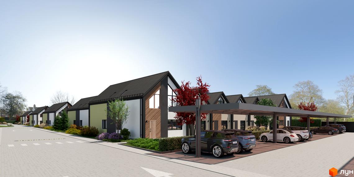 Зображення сторінки житлового комплексу Сітіхауси PRO MISTO. Будинки з темною покрівлею та світлими фасадами, облаштована прибудинкова територія з парковкою.