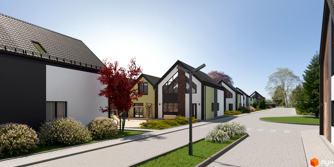 Зображення сторінки житлового комплексу Сітіхауси PRO MISTO. Будинки з темними дахами та світлими фасадами, облаштована прибудинкова територія з деревами та газонами.