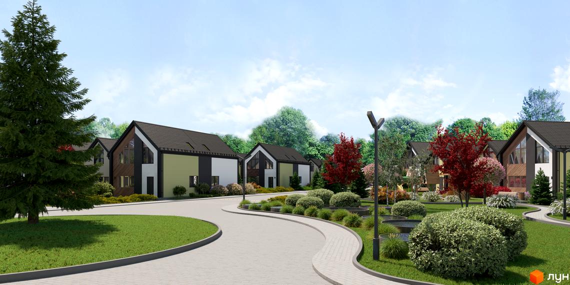 Зображення житлового комплексу Сітіхауси PRO MISTO. Будинки з темною покрівлею та великими вікнами, навколо зелені насадження та доріжки.