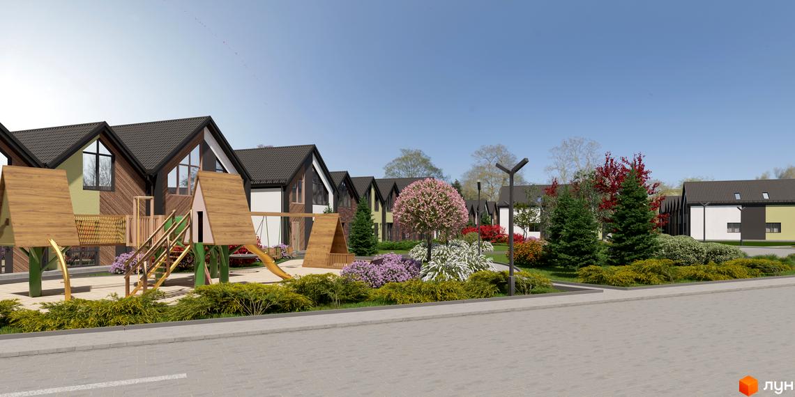 Зображення сторінки житлового комплексу Сітіхауси PRO MISTO. На фото будинки з темною покрівлею, дерев'яним оздобленням фасадів та дитячий майданчик на прибудинковій території.