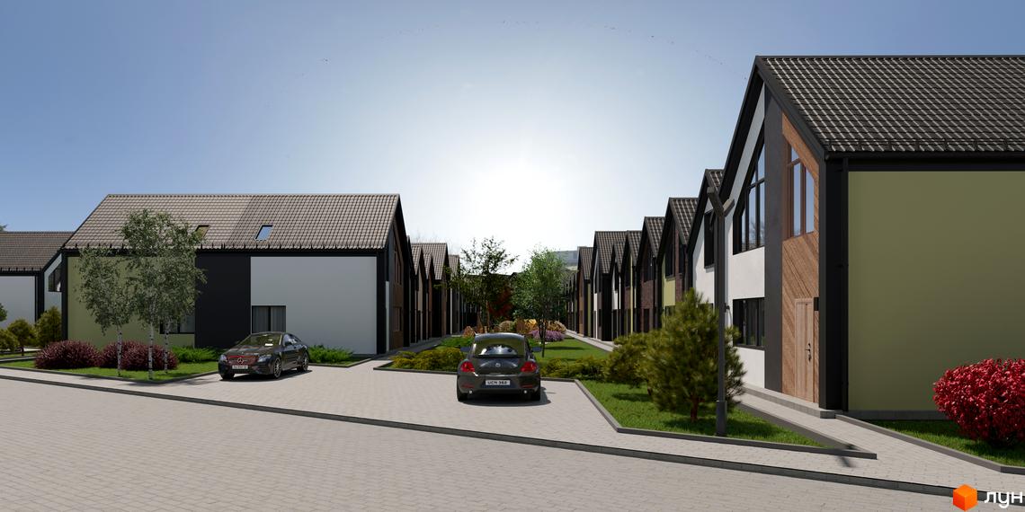 Зображення сторінки житлового комплексу Сітіхауси PRO MISTO. Будинки з темно-коричневими дахами та фасадами різних кольорів, перед будинками газон та парковка.