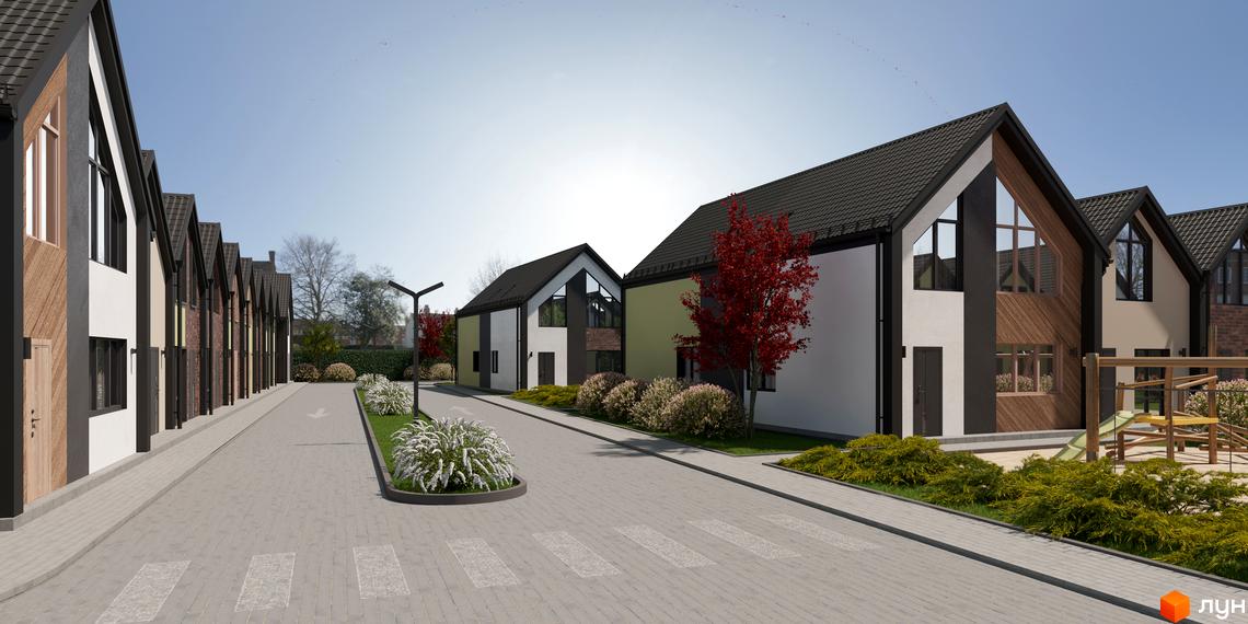 Зображення сторінки житлового комплексу Сітіхауси PRO MISTO. Будинки з темними дахами та великими вікнами, доглянута прибудинкова територія з рослинами та пішохідною зоною.