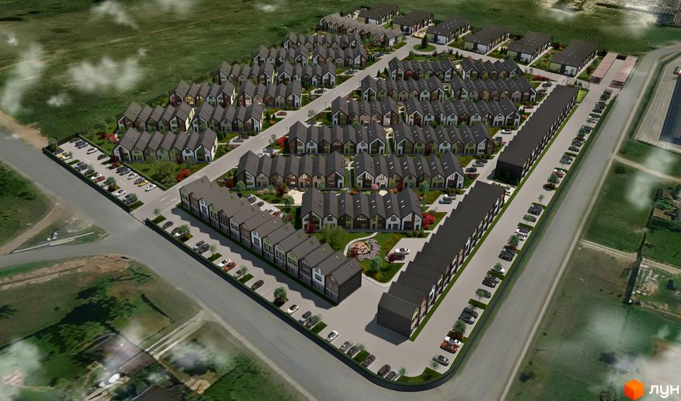 Зображення житлового комплексу Сітіхауси PRO MISTO. Ряд будинків з темно-сірими дахами та світлими фасадами, навколо будівель розташовані паркувальні місця та зелені насадження.