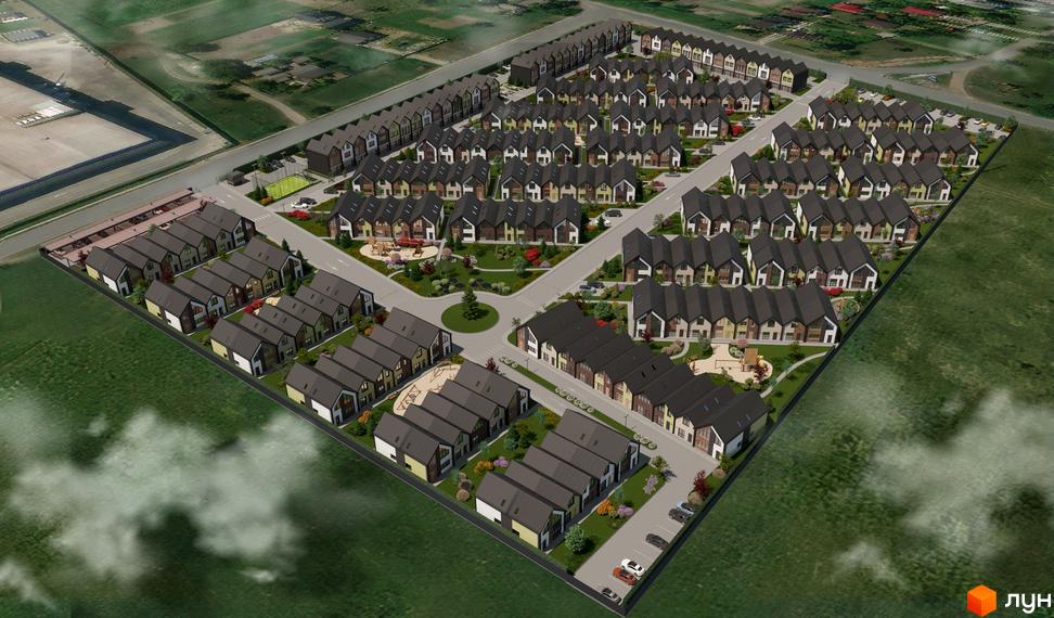 Зображення сторінки житлового комплексу Сітіхауси PRO MISTO. На фото видно будинки з темними дахами та прибудинкову територію з зеленими насадженнями та парковкою.