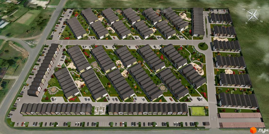 Житловий комплекс Сітіхауси PRO MISTO з двоповерховими будинками з темними дахами та доглянутою прибудинковою територією з зеленими насадженнями та дитячими майданчиками.