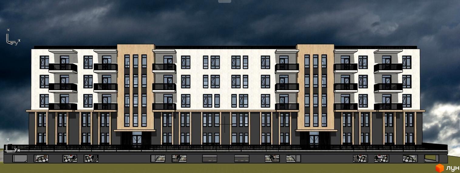 Зображення фасаду багатоповерхового будинку ЖК Central Avenue з балконами та панорамними вікнами, на тлі хмарного неба.