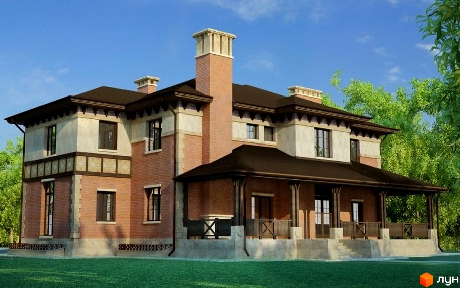 Зображення будинку в Котеджному містечку Золота затока. Двоповерховий будинок з коричневим дахом, цегляними стінами та великою терасою. Навколо будинку зелена трава та дерева.