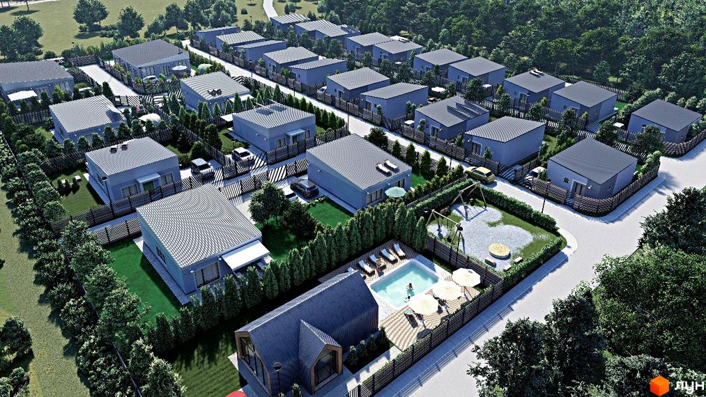 Котеджне містечко Smart Forest з одноповерховими будинками з сірими дахами та доглянутою прибудинковою територією з басейном та дитячим майданчиком.