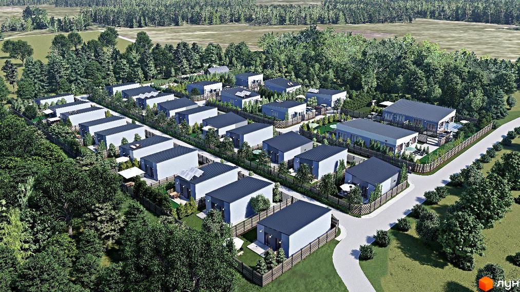 Візуалізація Котеджного містечка Smart Forest: одноповерхові будинки з темними дахами, огороджені парканами, з доглянутою прибудинковою територією та зеленими насадженнями.