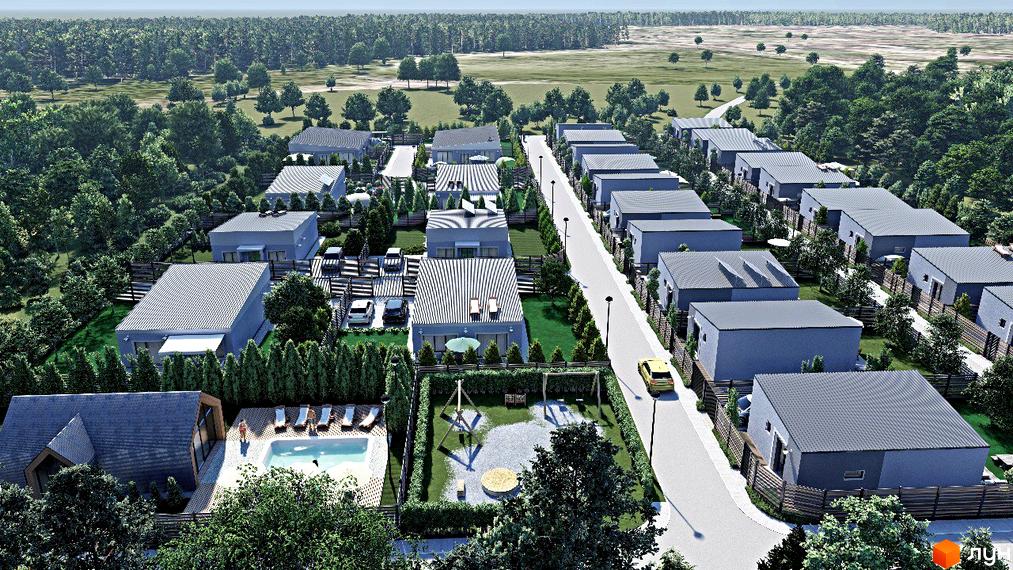 Котеджний комплекс Smart Forest: будинки з сірими дахами та фасадами, доглянута прибудинкова територія з басейном, дитячим майданчиком та зеленими насадженнями.