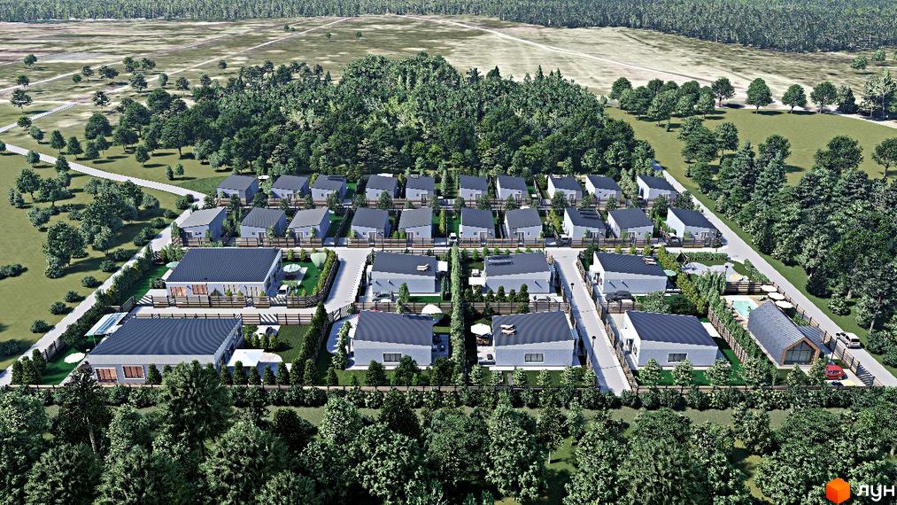 Зображення Котеджного містечка Smart Forest. Одноповерхові будинки з темним дахом та прибудинковою територією з газоном, деревами та парканом.