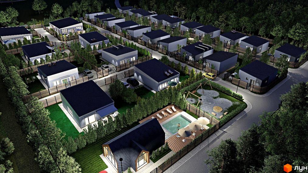 Будинки в Котеджному містечку Smart Forest з темними дахами та світлими фасадами, огороджені парканом, з басейном та дитячим майданчиком.