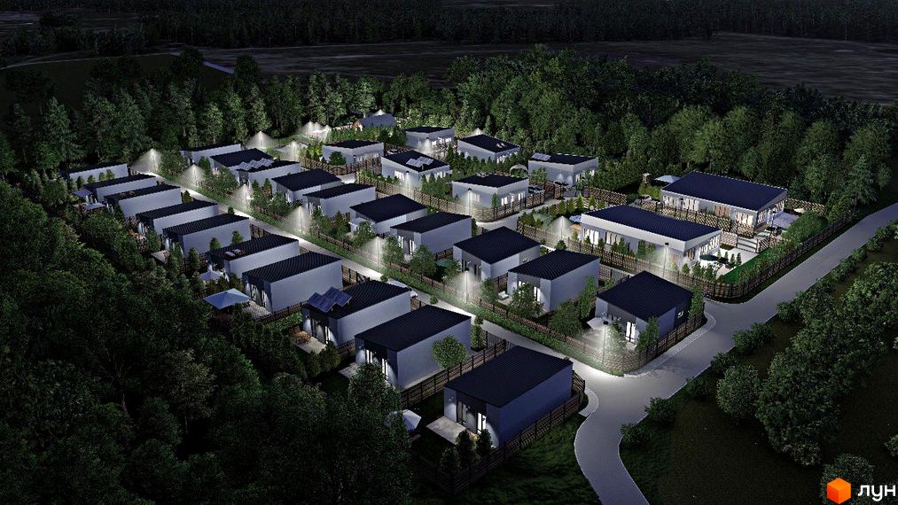 Зображення сторінки Котеджне містечко Smart Forest. Одноповерхові будинки з темними дахами, освітленням та огородженою прибудинковою територією, оточені деревами.