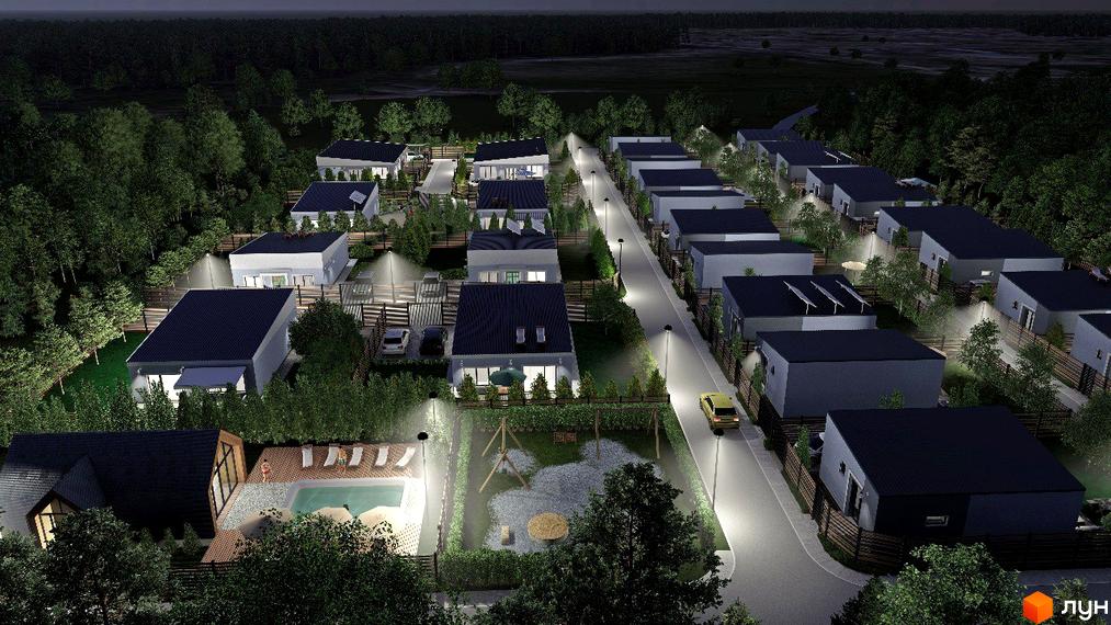 Котеджне містечко Smart Forest: одноповерхові будинки з темними дахами, доглянута прибудинкова територія з басейном та дитячим майданчиком, освітлені алеї.