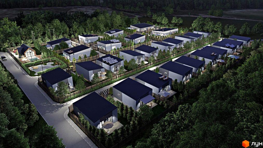 Котеджне містечко Smart Forest: одноповерхові будинки з темними дахами, доглянута прибудинкова територія, дерева та зелені насадження.