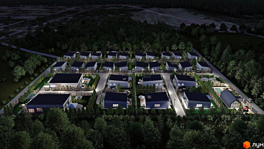 Візуалізація Котеджного містечка Smart Forest з будинками з темними дахами та доглянутою прибудинковою територією, розташованого серед зелені.