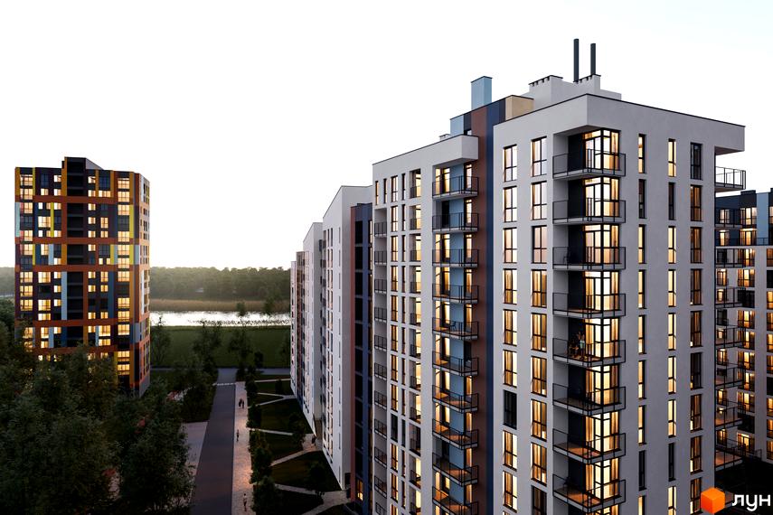 Житловий комплекс Рівер Сіті з фасадами білого кольору та балконами, що виходять на річку та зелену зону.