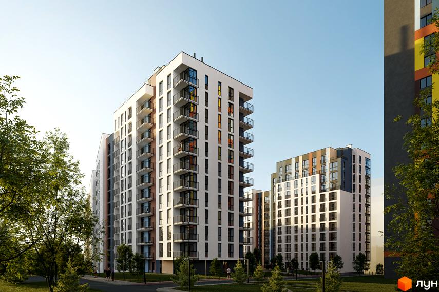 Житловий комплекс Рівер Сіті з білими фасадами, численними балконами та панорамними вікнами на тлі блакитного неба. Навколо комплексу зелена прибудинкова територія з деревами та пішохідними доріжками.