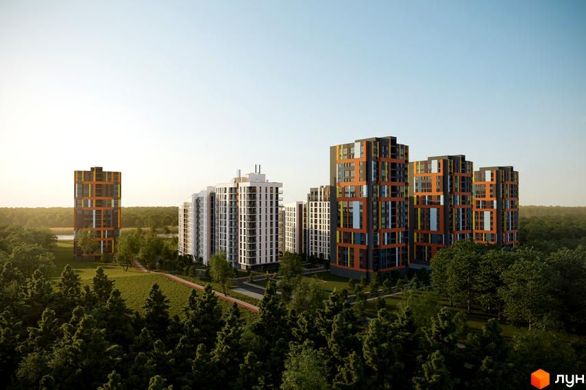 Житловий комплекс Рівер Сіті з високими будинками, оздобленими оранжевими та сірими елементами, оточений зеленою територією з деревами та доріжками.