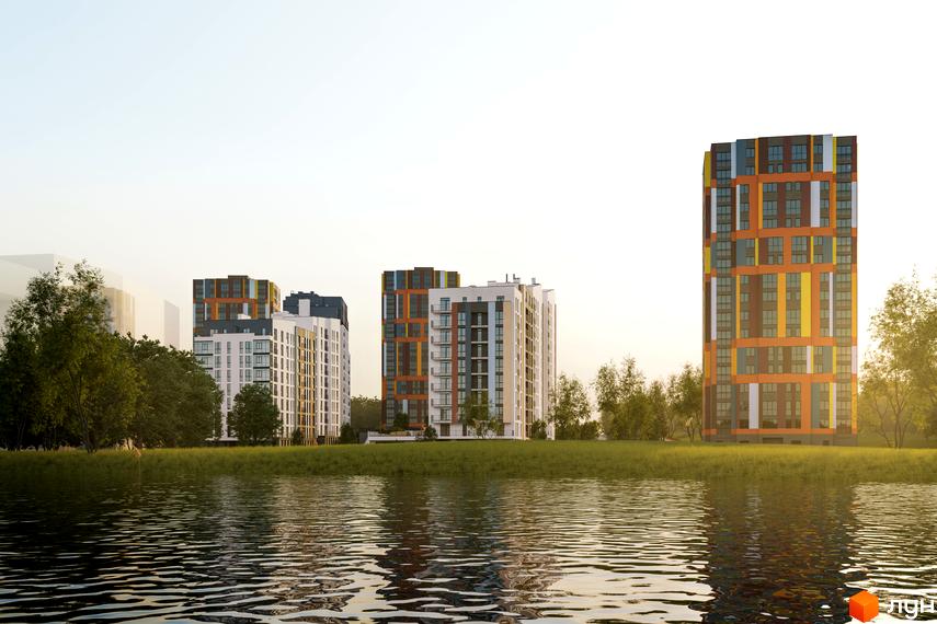 Житловий комплекс Рівер Сіті – це сучасні багатоповерхові будинки з яскравими фасадами, розташовані біля водойми та зеленої зони.