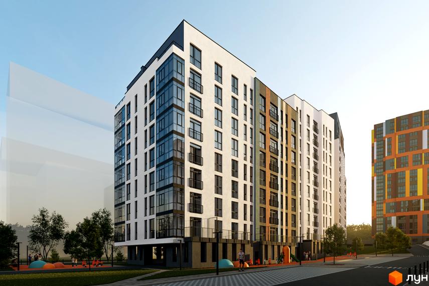 Зовнішній вигляд багатоповерхового будинку ЖК Рівер Сіті з панорамними вікнами та балконами. На прибудинковій території розташований дитячий майданчик та зелені насадження.