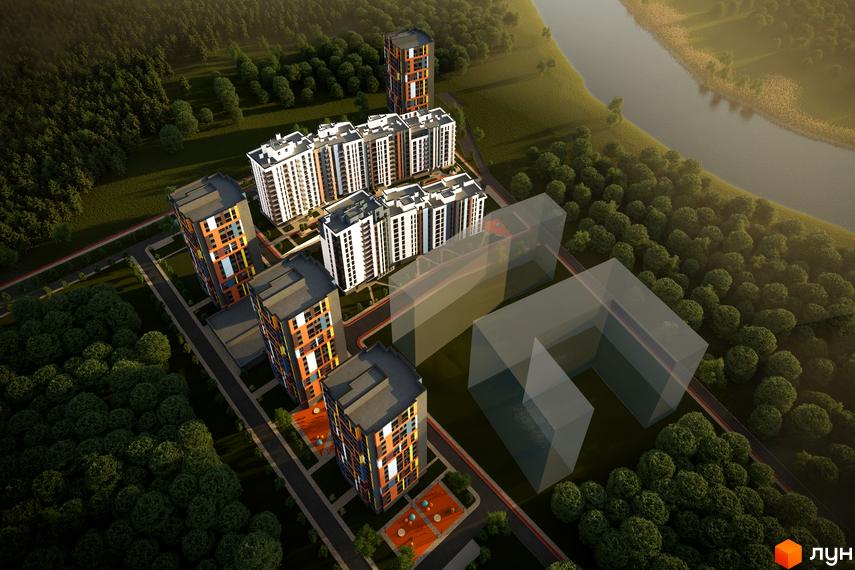 Зовнішній вигляд ЖК Рівер Сіті: сучасні багатоповерхові будинки з яскравими фасадами та прибудинкова територія з зеленими насадженнями та зонами відпочинку.