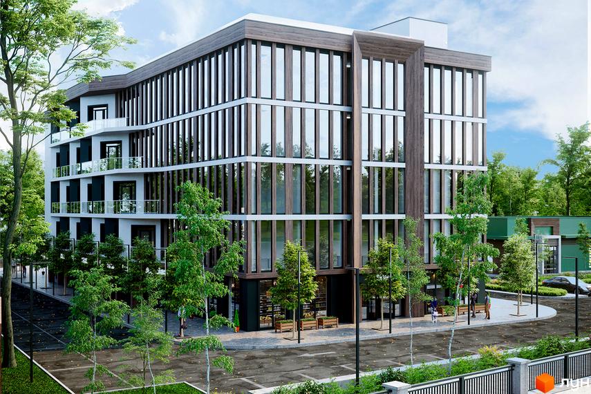 Багатоповерхова будівля апарт-готелю WOL Vinnytsia з панорамним склінням та оздобленням деревом. На прибудинковій території розташовані дерева, тротуар та парковка.