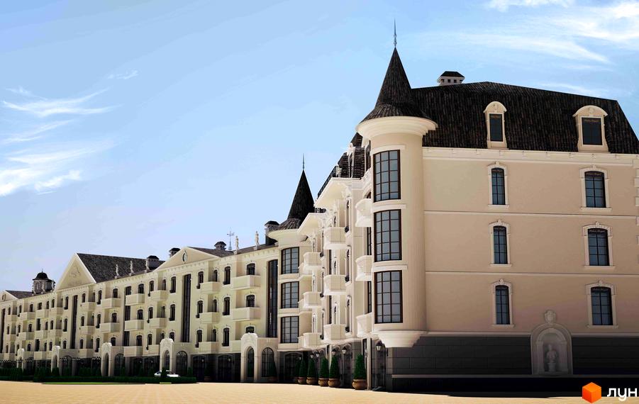 Фасад житлового комплексу Palais Royal з вежами та балконами. Будинок виконаний у класичному стилі з бежевим фасадом та темним дахом. Територія перед будинком вимощена плиткою.